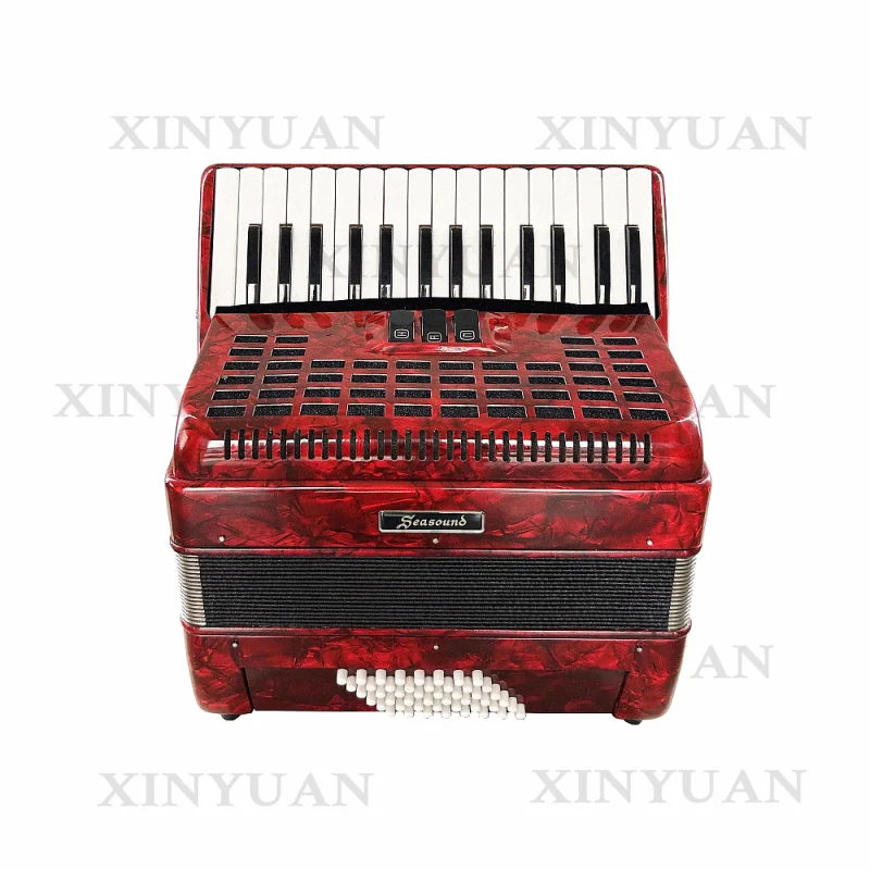 Piano Accordion JP3048B, 30 Keys 48 Bass Wood Instrument, Red Celluloid with 3 Registers, Diatonic & Chromatic Available