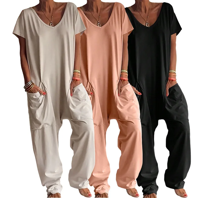 Solid V-neck Dropped Crotches Jumpsuits For Woman Loose Big Packets Beach Y2K Vintage Sexy Summer overalls Cheap Clothes Women