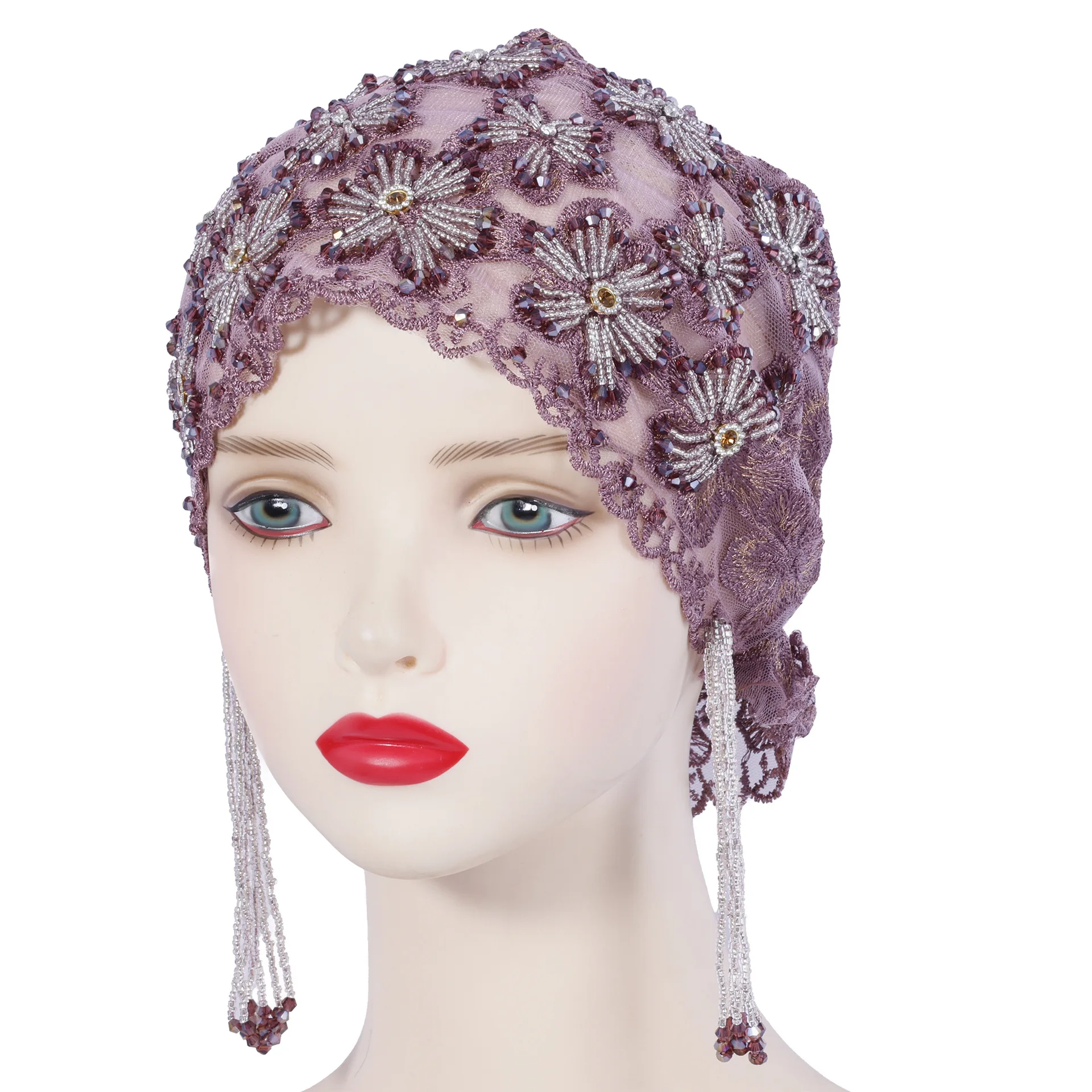 Nowa etniczna chusta na głowę z frędzlami, haftowana turban z koralikami, luksusowa czapka z frędzlami, damski muzułmański hidżab, koronkowa ozdoba na głowę na wesele, czapki typu beanie.
