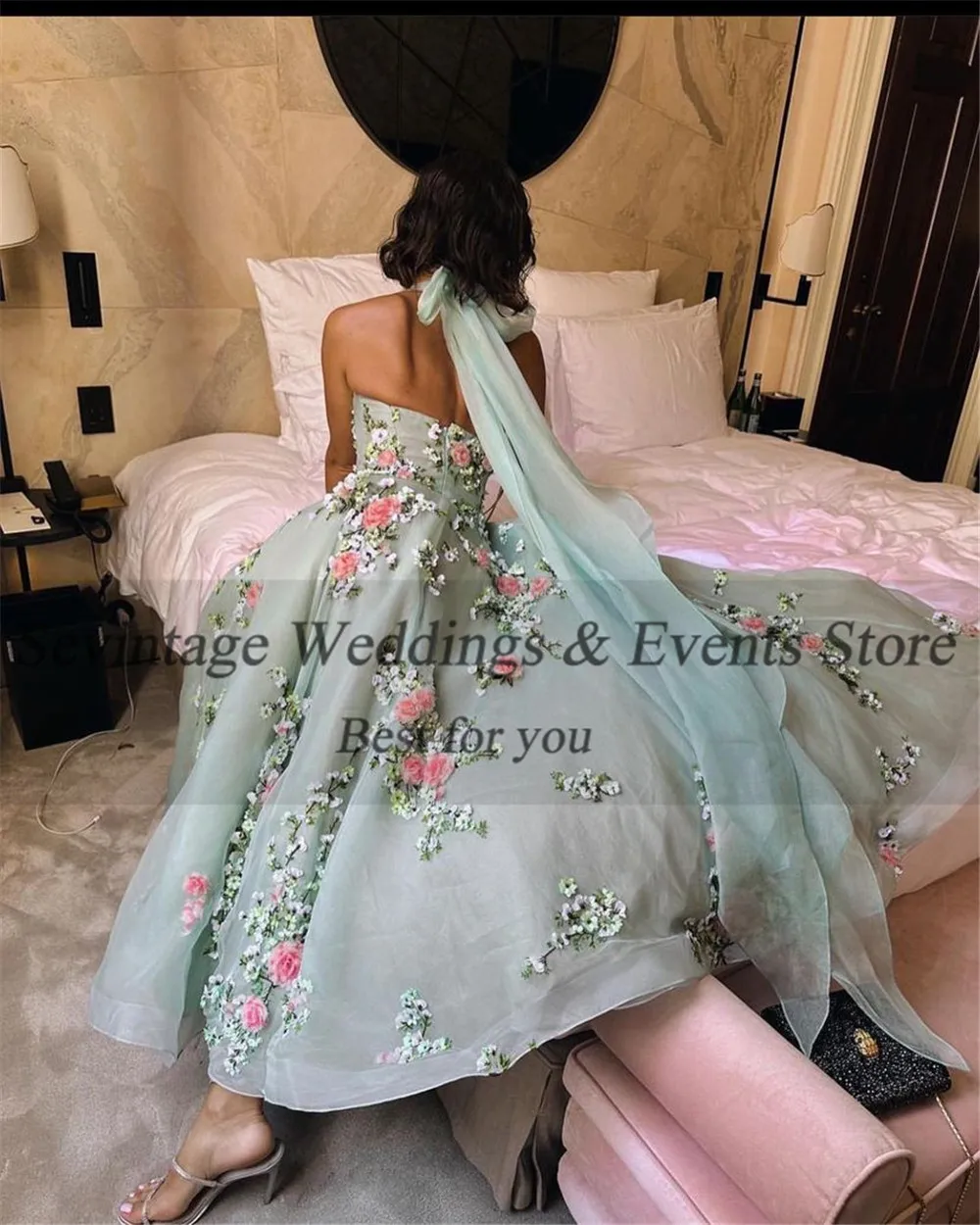 Customized Fairy Mint Green Formal Prom Gowns Halter Organza Flower Applique Ruched Floor Length Evening Party Dress Event Dress