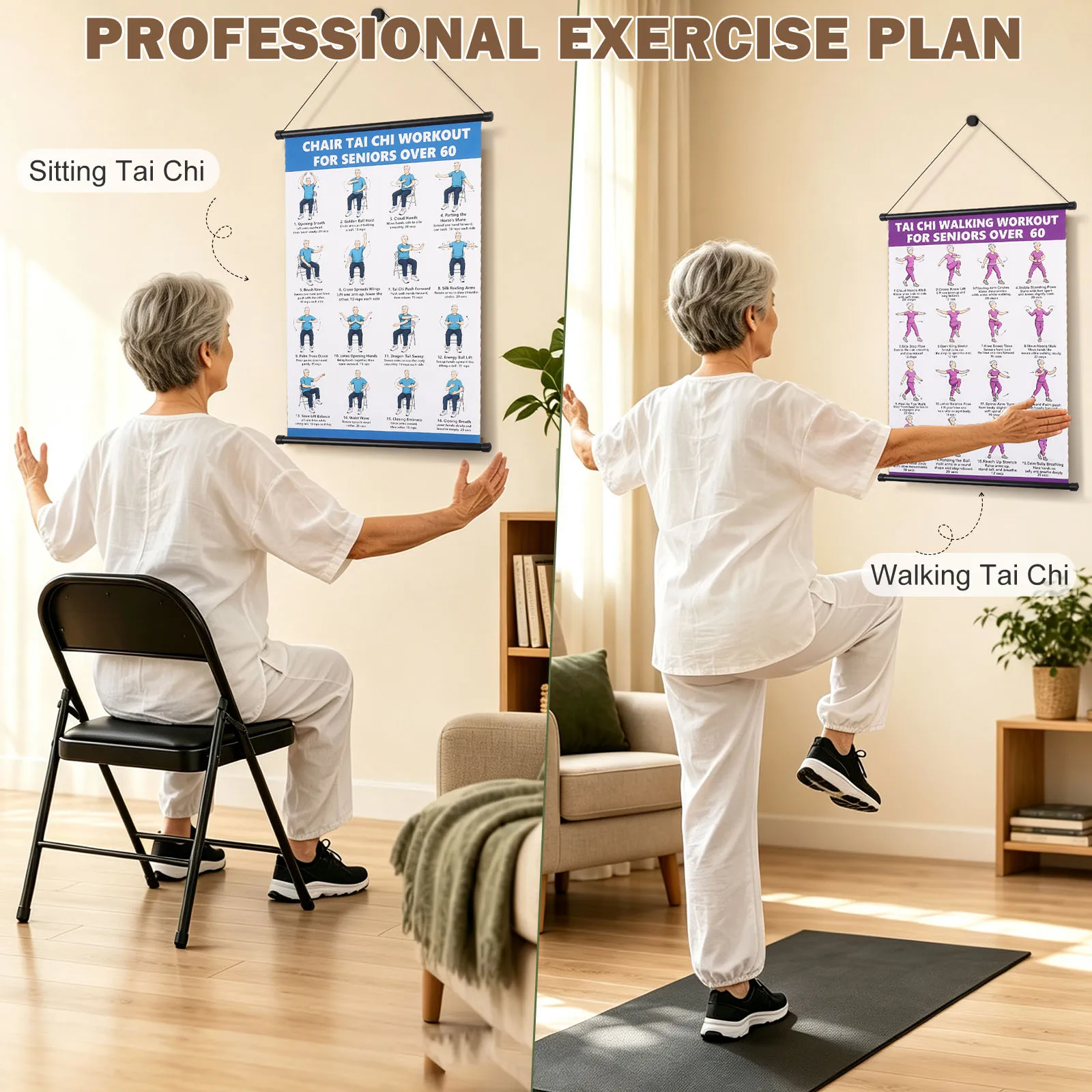 1/2Pc Tai Chi Fitness Poster Hanging Tai Chi Seated and Walking Exercise Guide Chart Senior Tai Chi Exercise Poster for Home Gym