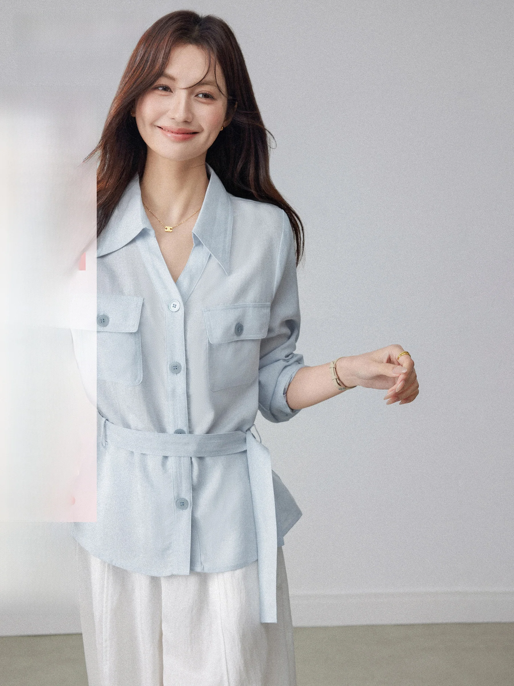 

Korean Sle Long Sve irt Women's Collared Slim Fit Waist Cinched Slimming Top Early Spring High End Feelings