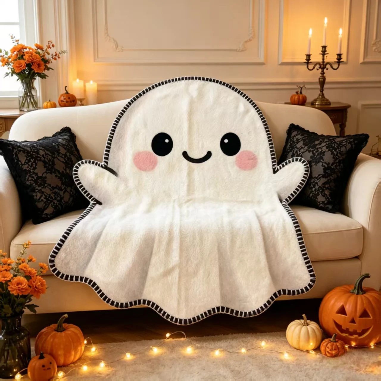 1pc Halloween Cute Ghost Flannel Irregular Blanket, Flannel  Pumpkin Bat Web Full Coverlet Gift