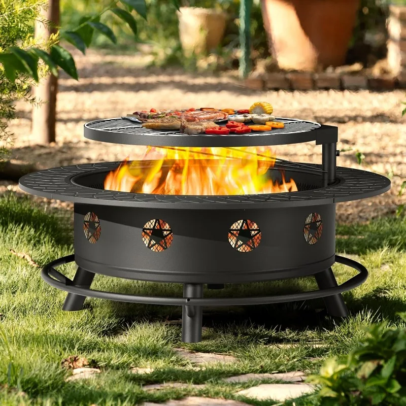 43 Inch Fire Pit with BBQ Grill, Wood Burning Fire Pits for Outside with Lid & Poker, Extra Large Heavy Duty Firepits