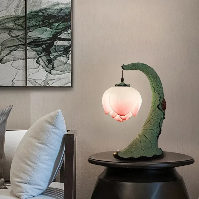 RONIN Contemporary Lotus Table Lamp Chinese Retro Living Room Bedroom Study Tea Room Villa Hotel  Art Decorative Desk Light