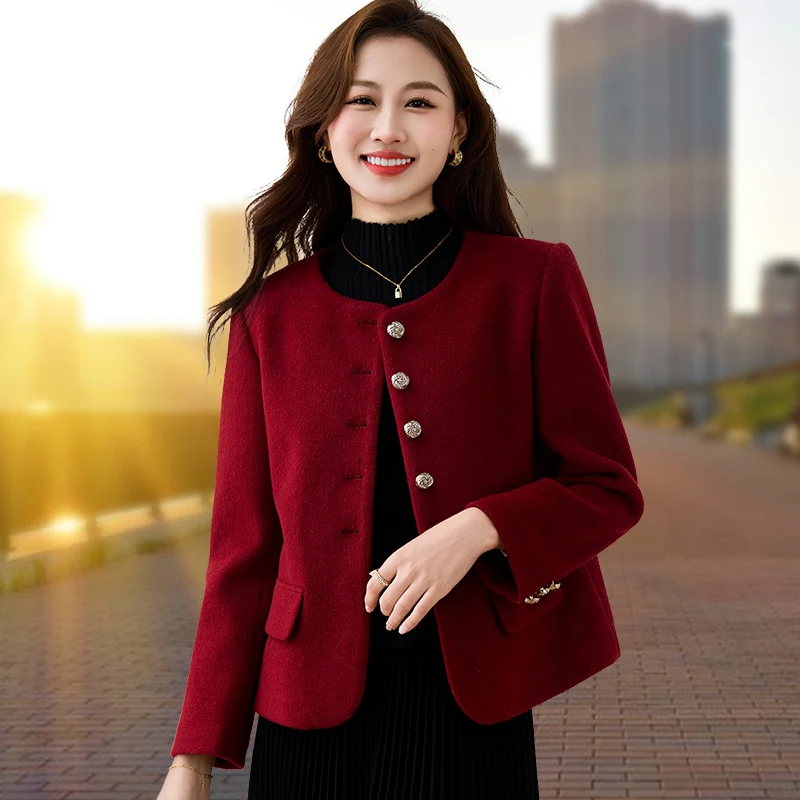 

2025 Spring Autumn Casual Faion Women's round Ne ort Coat Versatile Small Fraance Sle Top for Middle-Aged Ladies