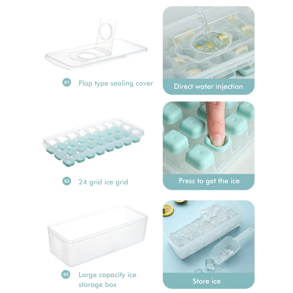 24 Grid Ice Cube Tray with Lid Covered Ice Cube Trays No Spill Ice Cube Cube Box Silicone Ice Cube Maker Tray