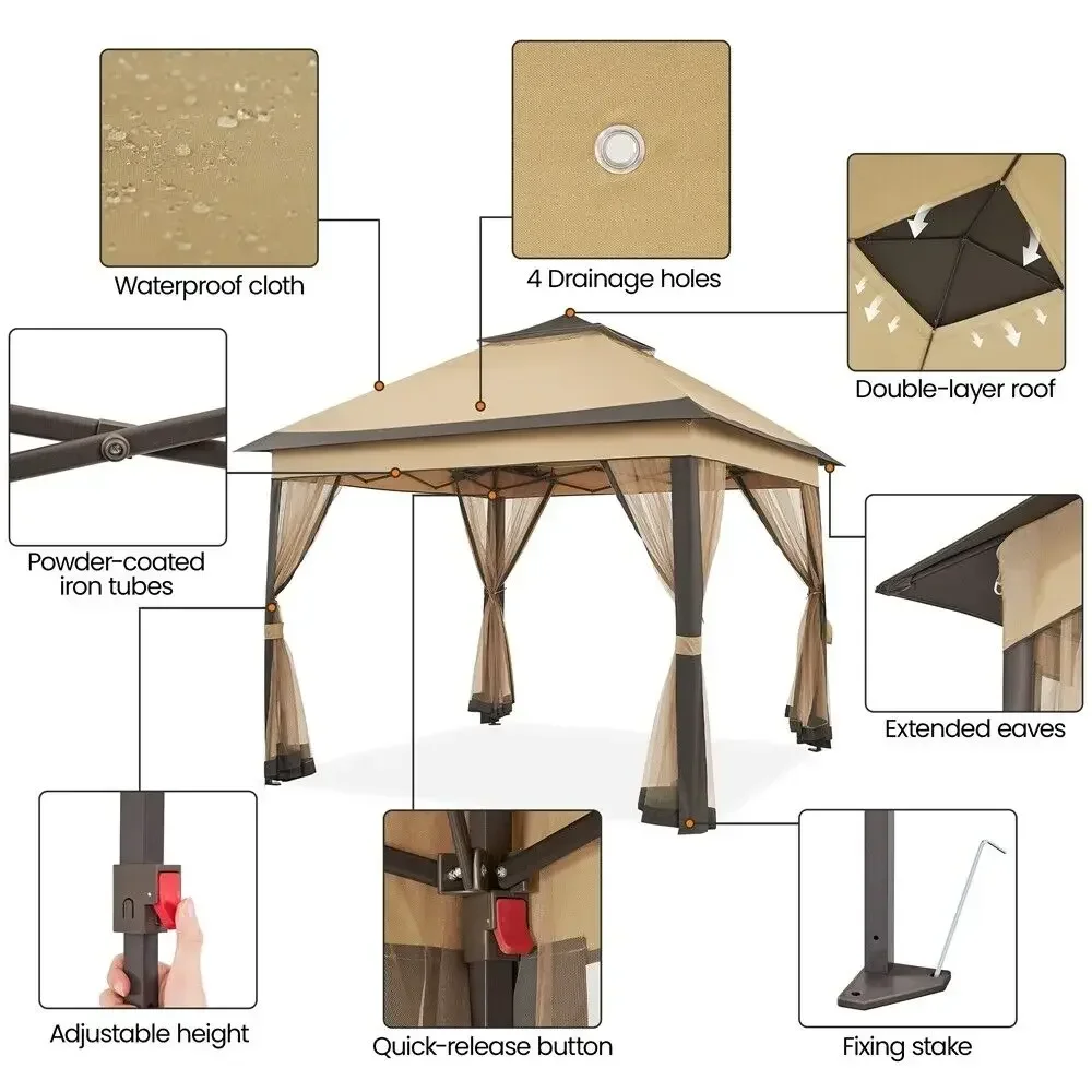 11'x11' Pop Up Gazebo Garden Gazebo Double Tiers Pop Up Canopy with Mesh Netting