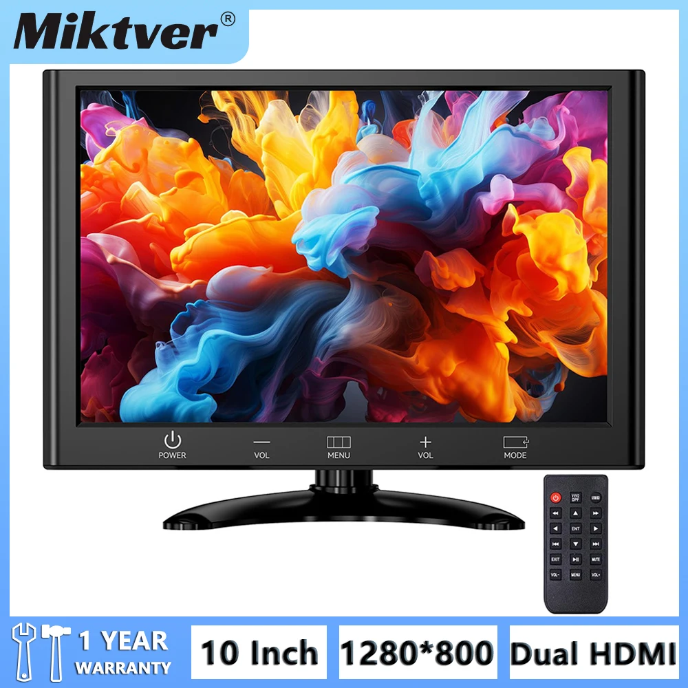 Miktver 10 Inch 16:9 HD 1280*800 LCD Monitor with Dual HDMI Ports TF Card Slot,Built-in Speaker,Compatible with PC/Laptop/TV box