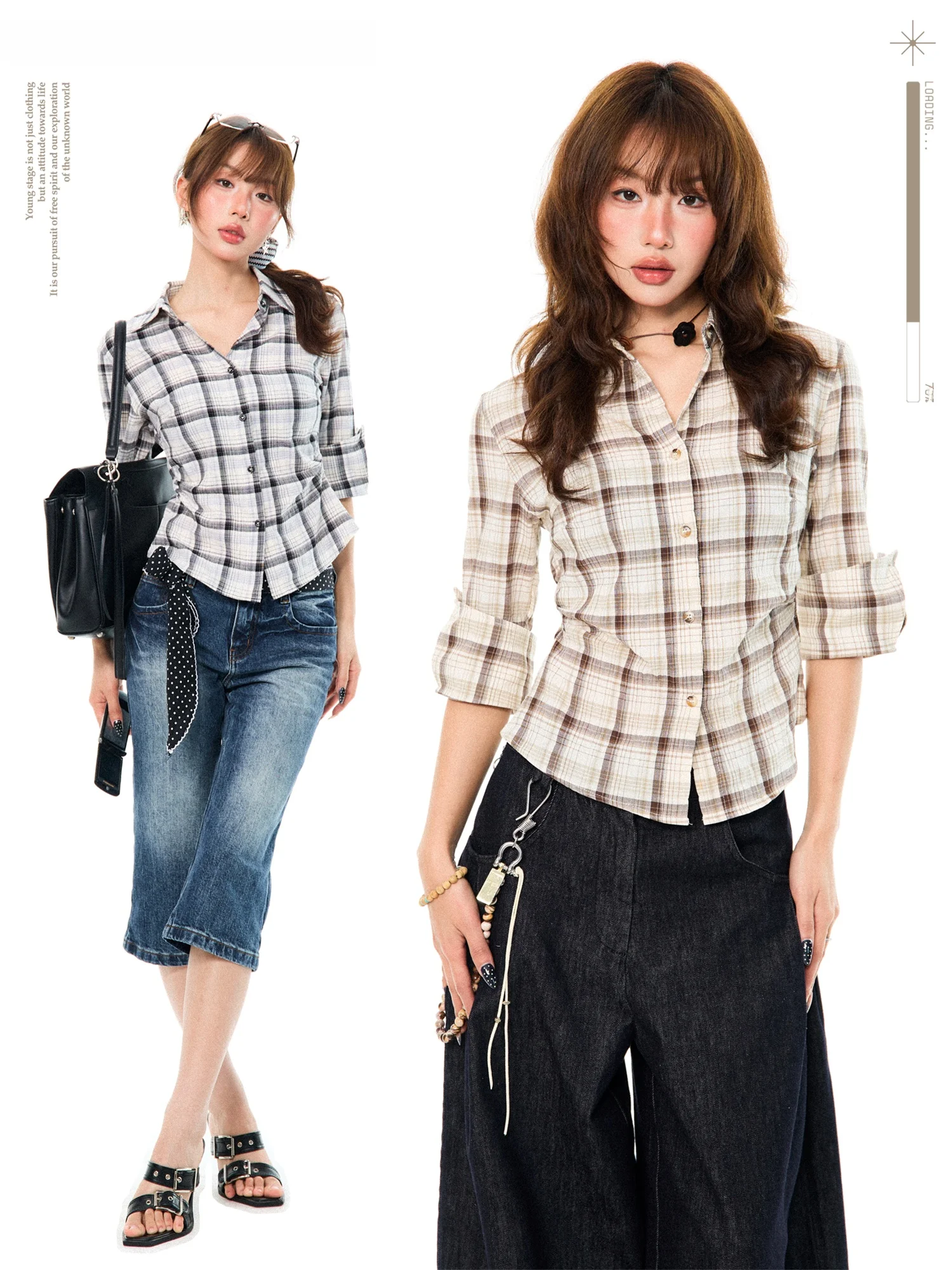 

Young Stage Vintage Plaid Color Block Long Sleeve Short Fit Women's Shirt Spring Inner Wear Base Layer Top Breathable Cotton