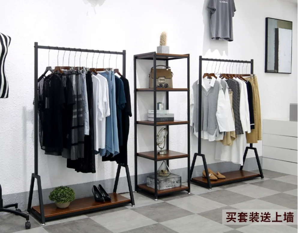 衣料品店のディスプレイラック、床置きのミニマリスト装飾、吊り下げ衣類ラック、男性用および女性用衣類ラック