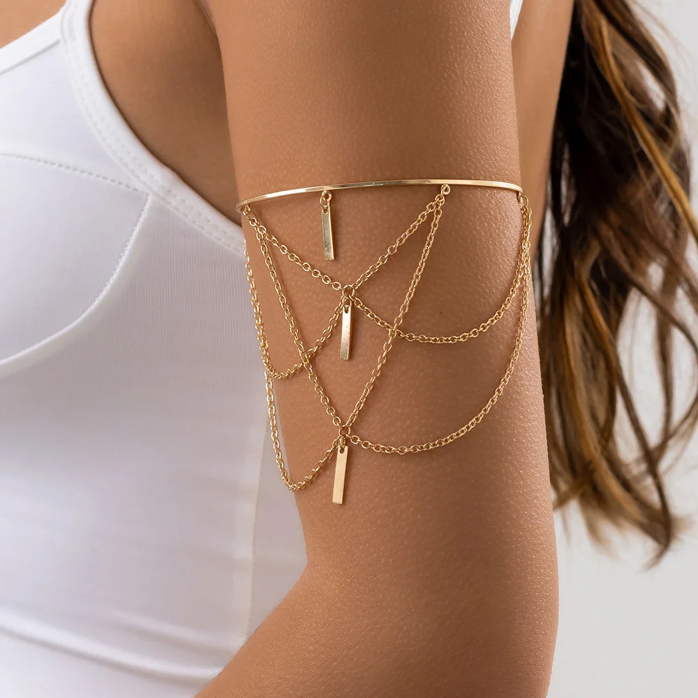 Gold Color Open Upper Arm Bracelet For Women New Fashion Rectangle Stick Charm Tassel Bangle Party Jewelry Accessories