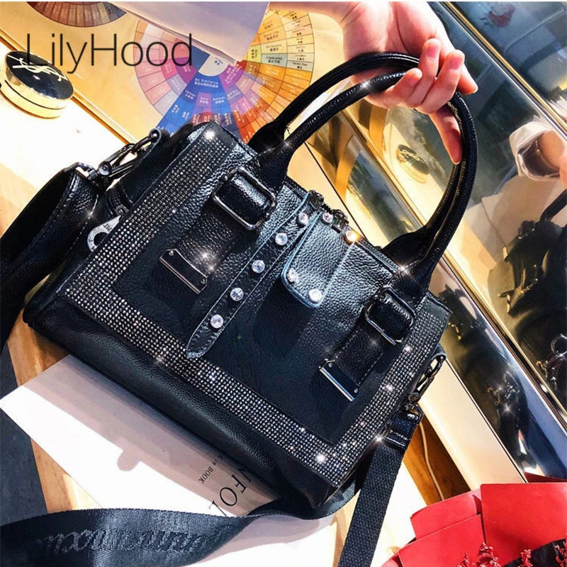 Female Fashion Vegan Leather Glitter Shiny Rhinestone Medium Size Boston Bag Short Handles Work Commuter Daily Side Shoulder Bag