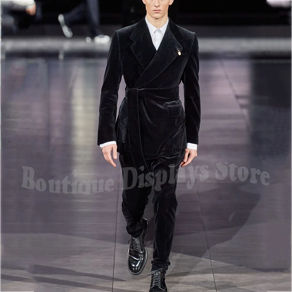 

Luxury Velvet Men's Suit High Quality Notched Lapel Solid Black Outfit with Belt Casual Fashion Wedding Guest Prom Male Set