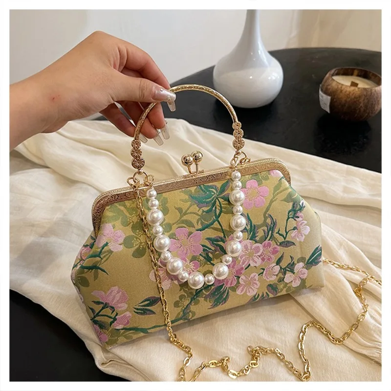 

Autumn Retro Embroidery Print Handbag Pearl Beaded Evening Bags For Women Wedding Party Small Clutches Gold Chain Shoulder Bag