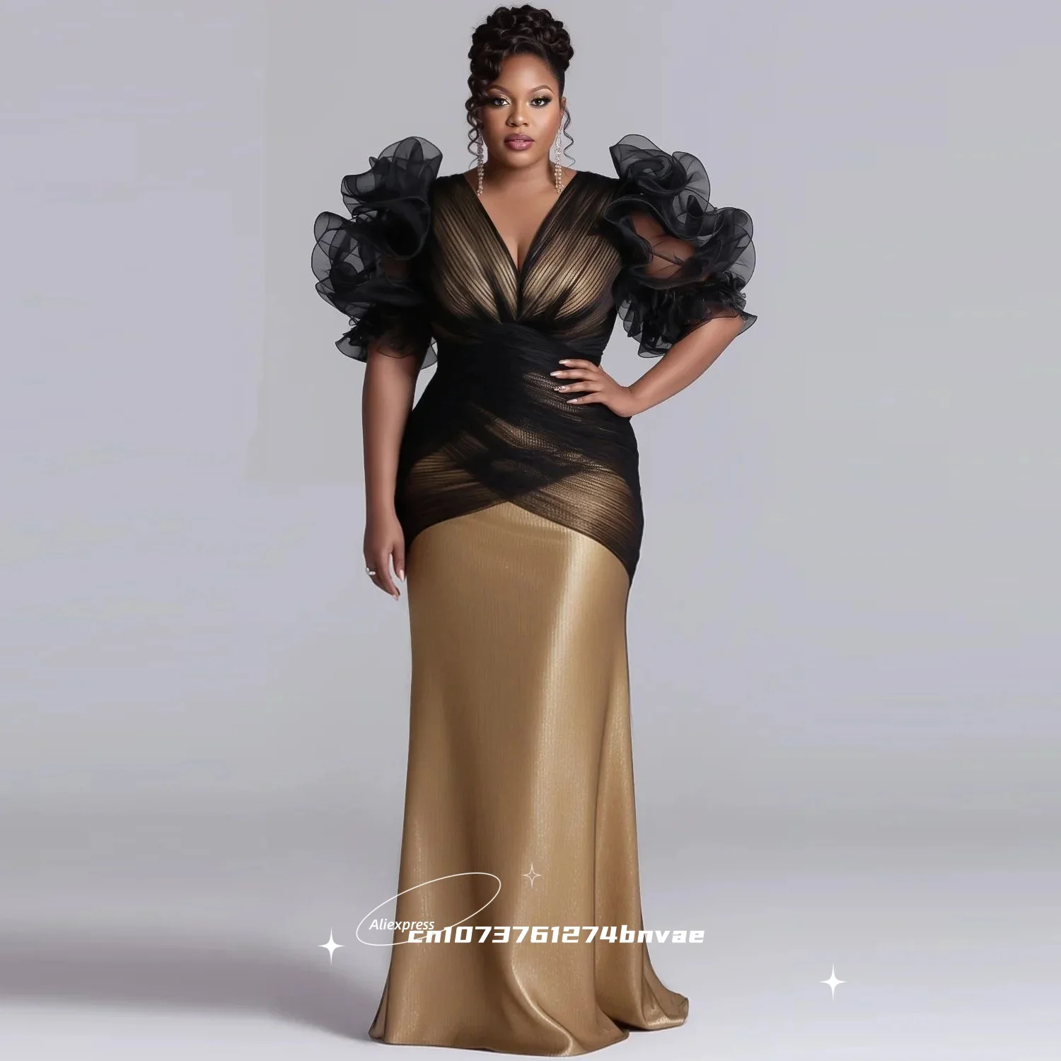 Übergröße Schwarz-Gold Meerjungfrau Abendkleid mit Rüschen-Organza-Ärmeln Formelles Partykleid 2026 Damen Ballkleid Maßanfertigung