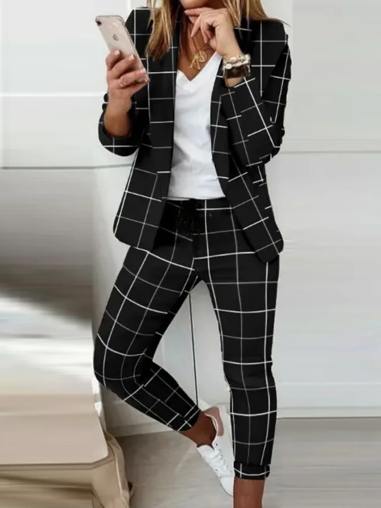 Elegant Office Women Blazers Pants Outfits Chic Lady Print Long Sleeve Two Piece Set Casual All Season Slim Pants Matching Suit