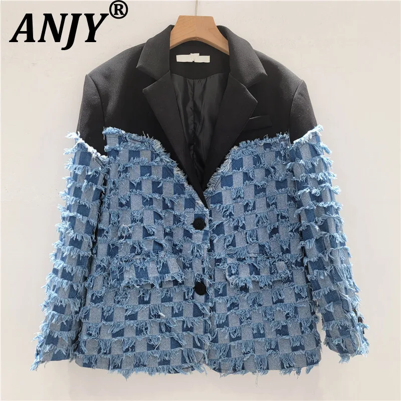 

ANJY Autumn Winter New Women Fashion High-End Streetwear Denim Patchwork Blazer Versatile Trendy Casual Tassel Plaid Coat A10734