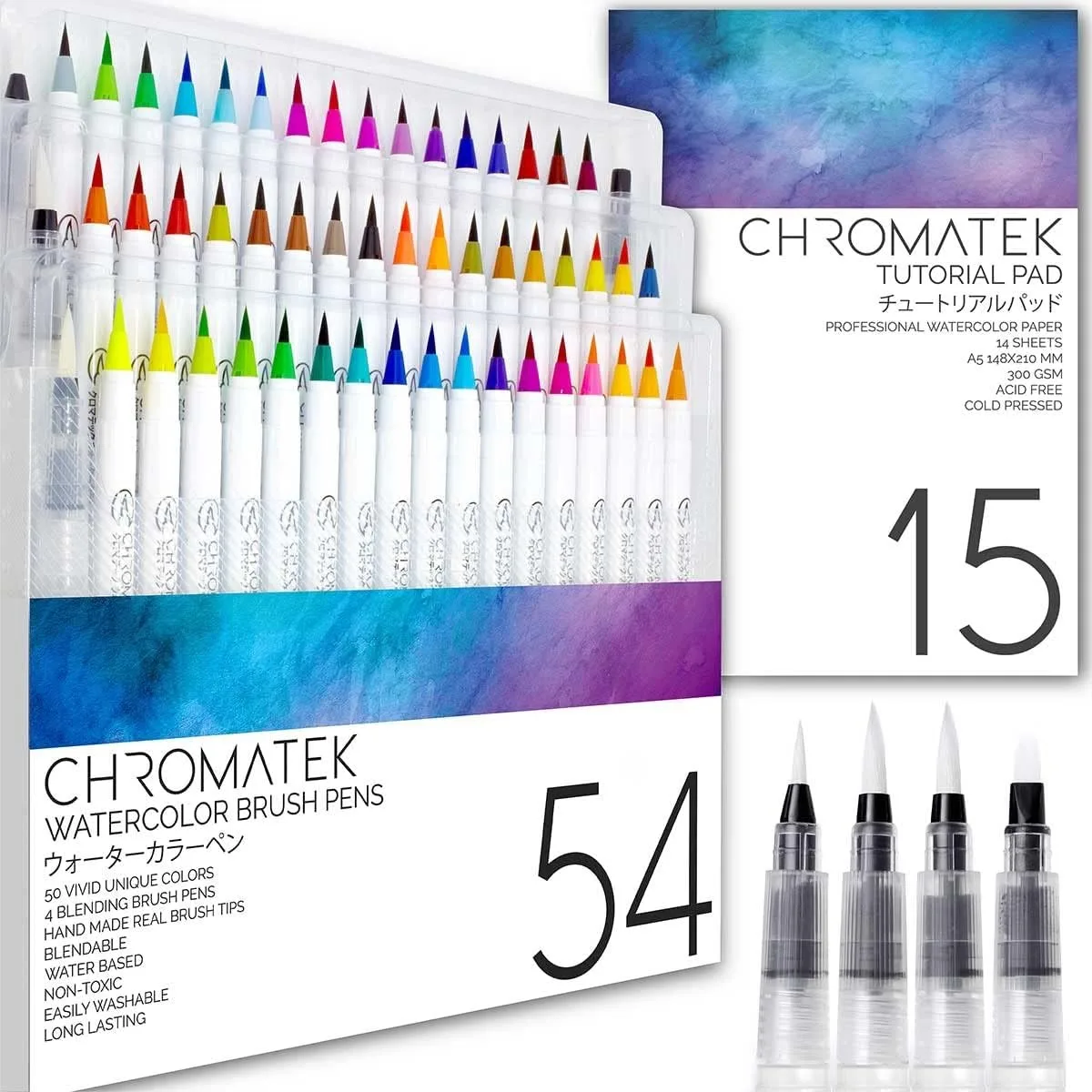 

54 Watercolor Pens Set With 15 Page Pad And 4 Aquapens For Artists Beginners