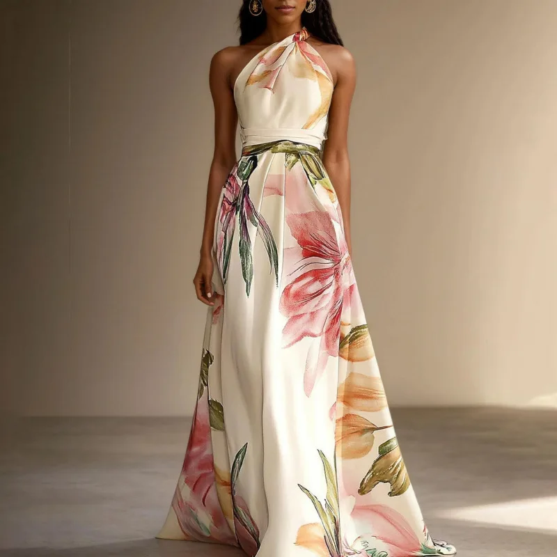 

2026 European and American printed elegant runway party vacation long dress