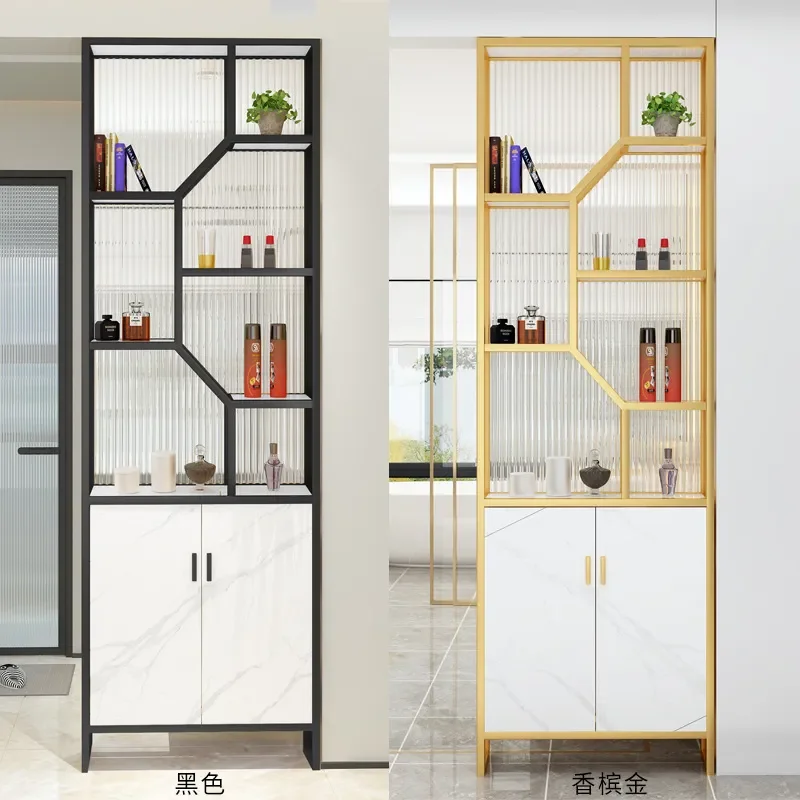 Fluted Glass Partition Cabinet with Shelf Metal Frame Half Wall Divider for Bathroom Dry Zone Living Room Modern Decor