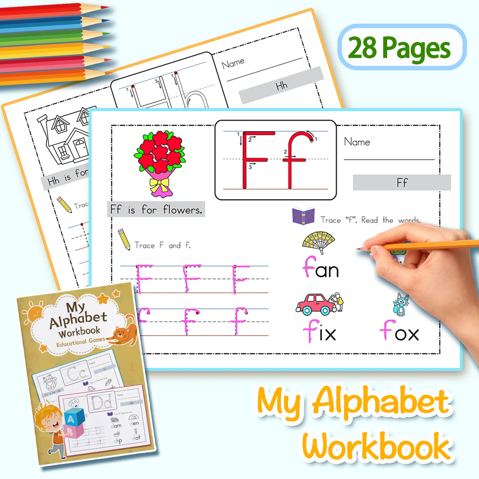 Children's alphabet coloring book, cute cartoon patterns, preschool early education workbook, boost your baby's hands-on skills