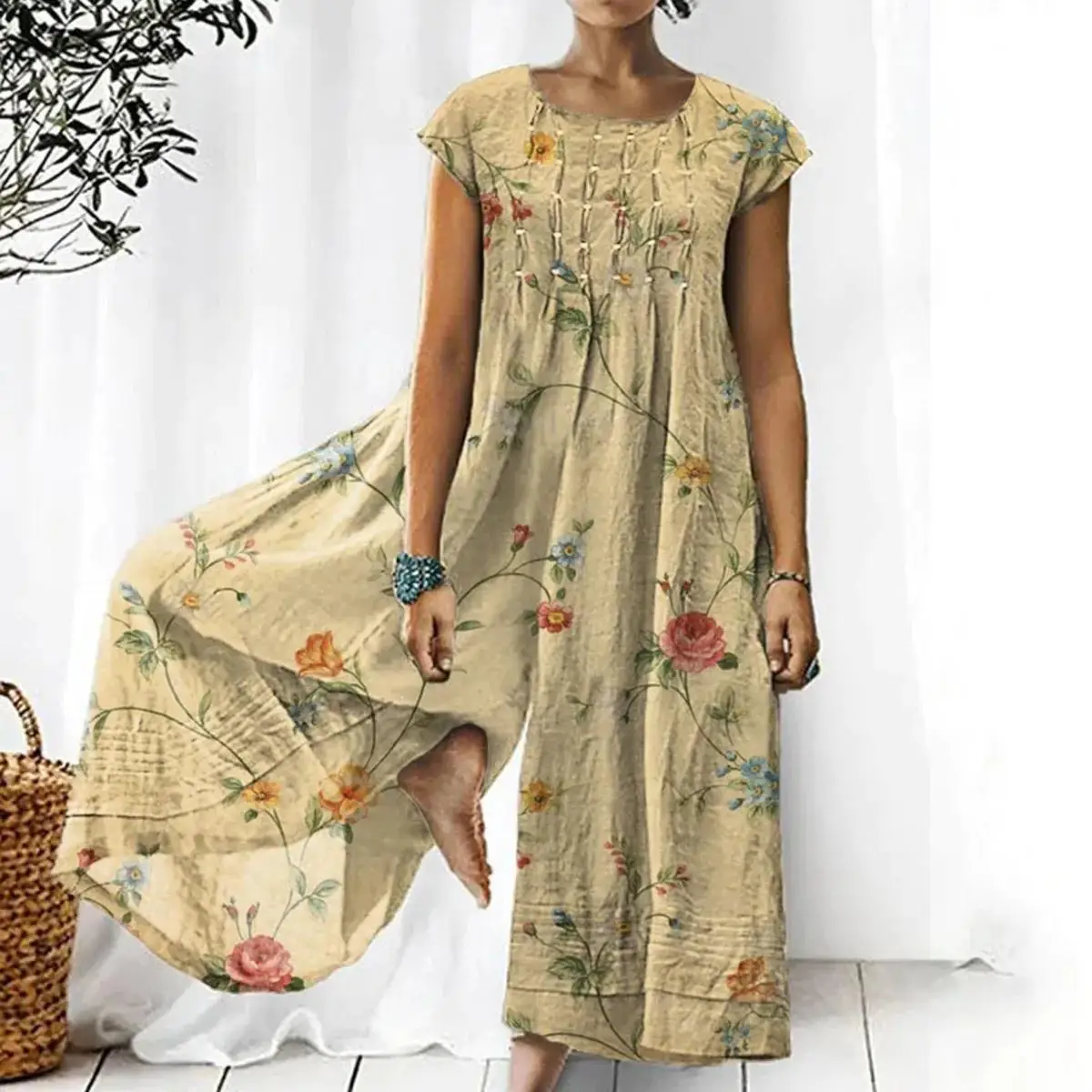 

Loose Floral Print Women's Romper 2024 New Independent Station Style Comfortable Fit Long Pants Low Waist Design Thin Fabric