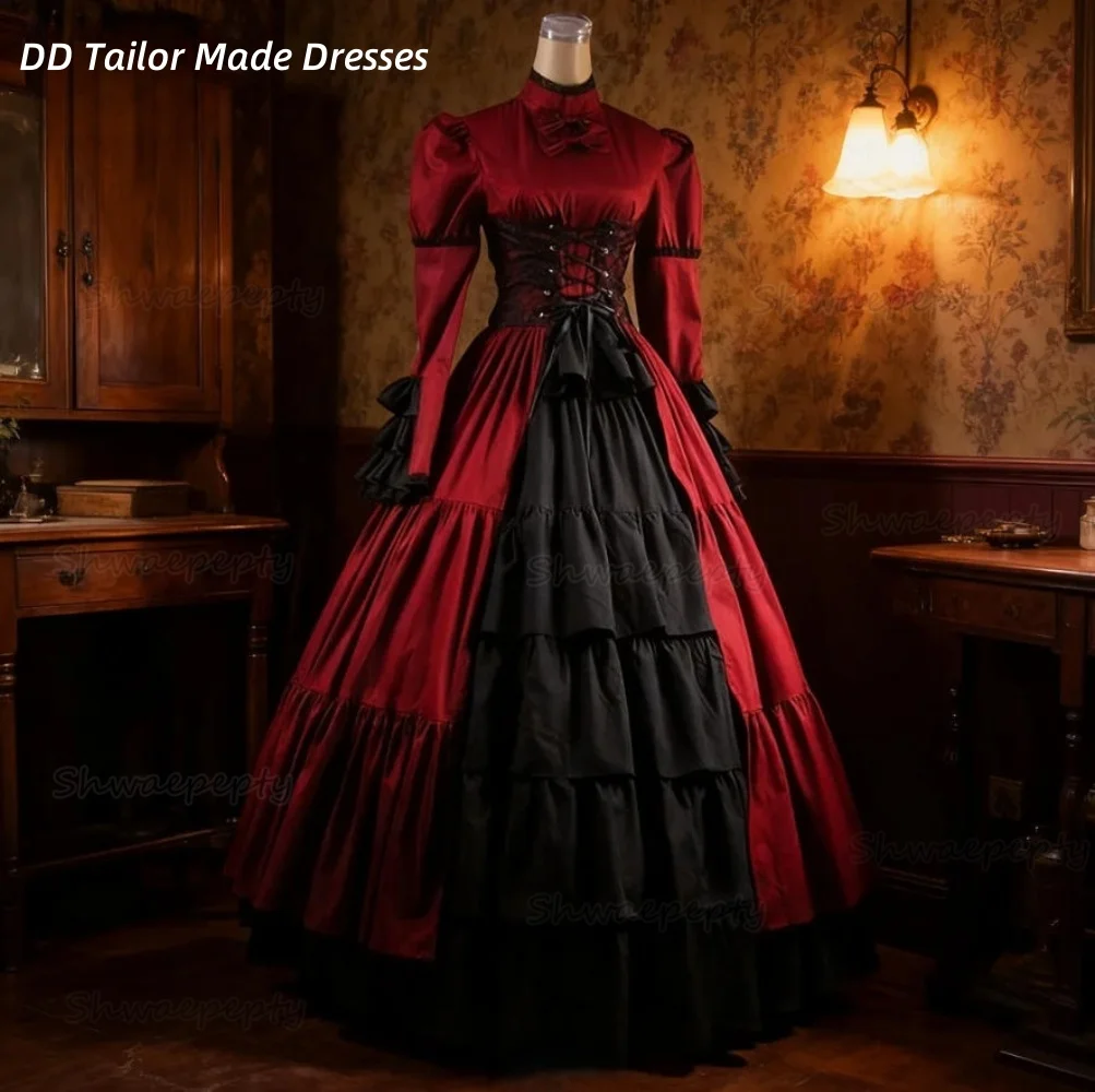 Gothic Victorian Prom Dress Long Sleeves Dark Red And Black Vintage Evening Gowns Ruffles Tiered Corset Costume Customized