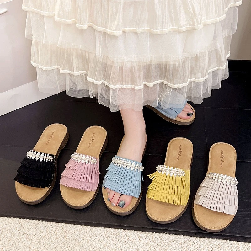 

Корейское издание, модные ретро-модные тапочки с кисточками, женская верхняя одежда, повседневные удобные тапочки на плоской подошве