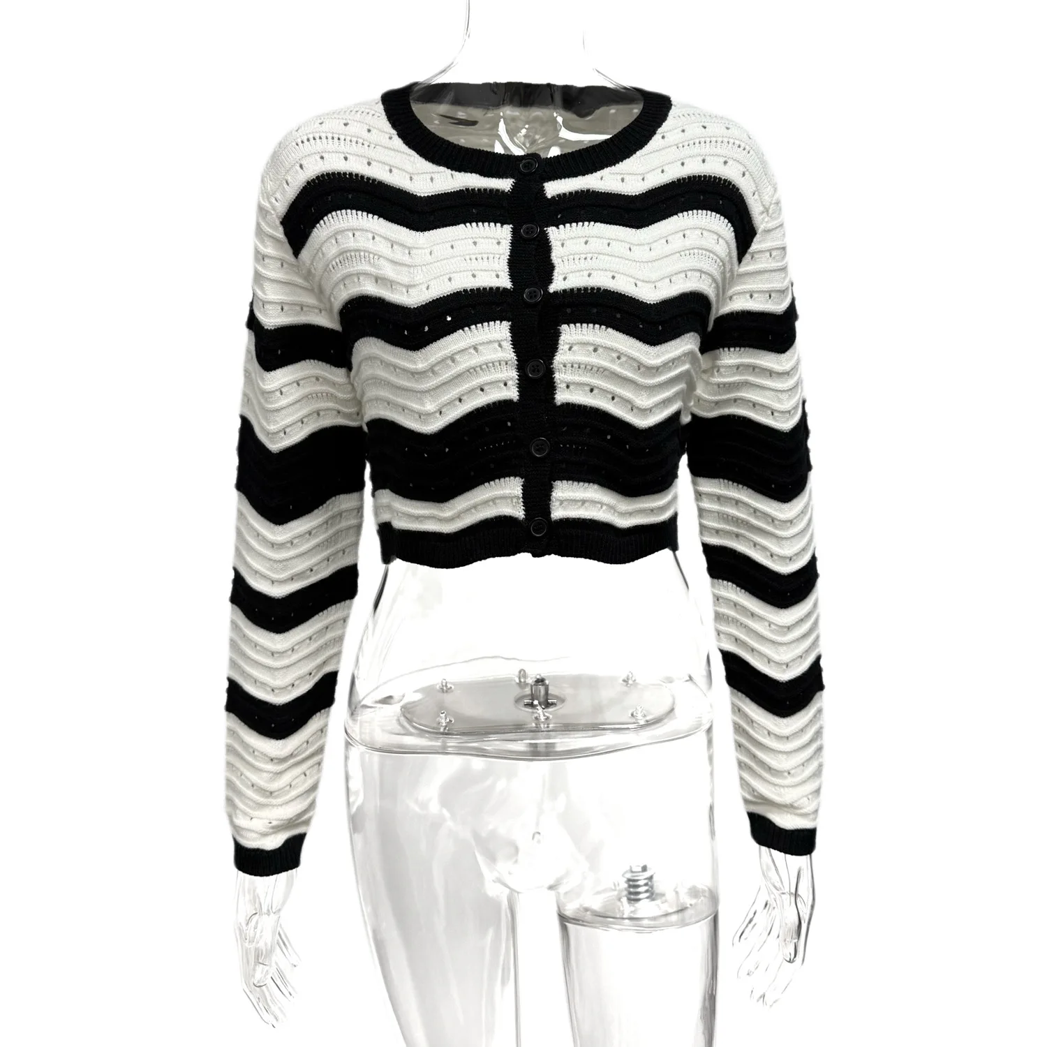 여성 니트 숏 가디건 스웨터 스플라이스 점퍼 스트라이프 컷아웃 O넥 긴팔 슬림핏 캐주얼 오피스룩 2025 가을