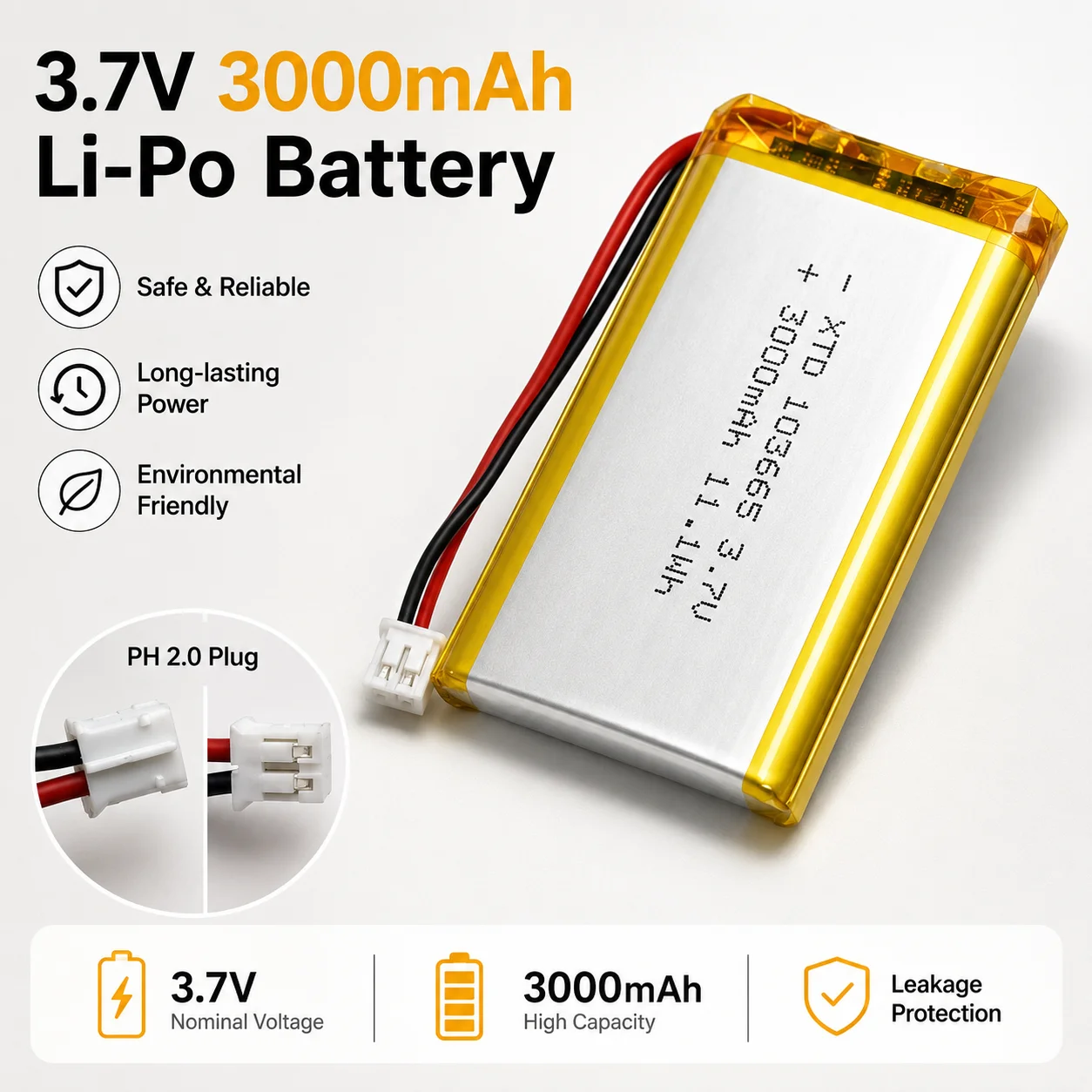 

3.7V 3000mAh 103665 Lithium Polymer Battery LiPo Cell for Dash Camera LED Lamp Beauty Device Portable Appliances