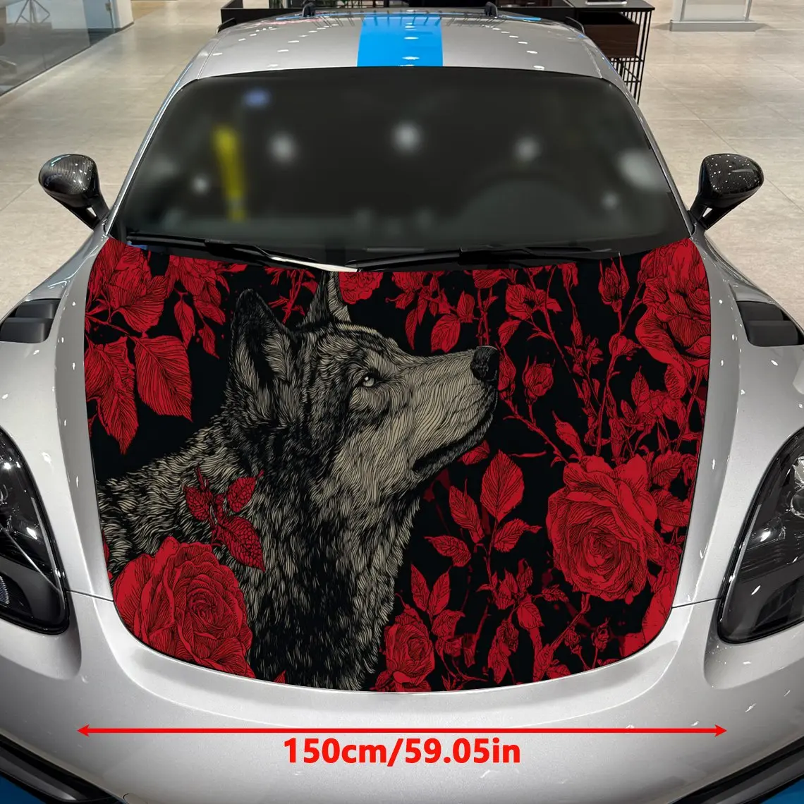 Car Decal Wolf with Red Rose Botanical Artistic Background & Mystic-Nature-Intricate Gothic Aesthetic Car Hood Sticker, Waterpro