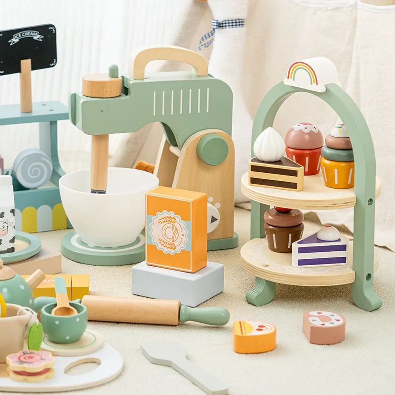 Jouets de cuisine en bois pour enfants, machine à café, service à thé, gâteau, crème glacée, jouets d'apprentissage, cadeaux pour filles et garçons