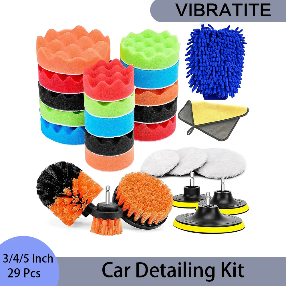 Car Detailing Kit 3/4/5 Inch with Polishing Pad Brush Attachment Buffing Sponge 29 Pcs for Cleaning Floor Bathroom Car Carpet