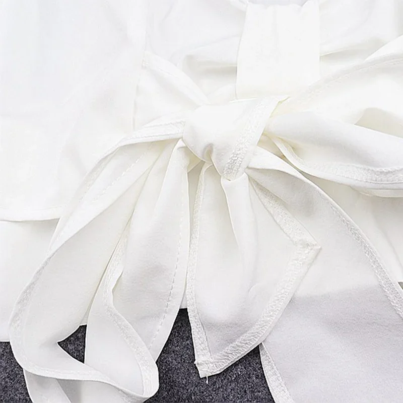 White Black Sexy Deep V-neck Top Women's Autumn  Long Puff Sleeve Crop Top  Fashion and Elegant Wrinkled Bow T-shirt