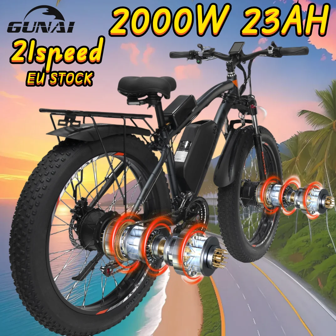 GUNAI 2000W Electric Bicycle 4.0*26Inch Fat Tire Electric Bike 100N·M Torque 48V 23AH Dual Powerful Motor Adults Mountain EBike