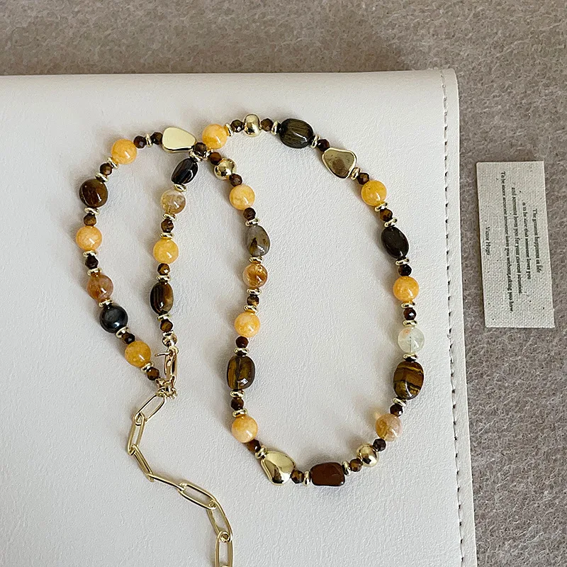 

Minar Dainty Mix Color Irregular Natural Stone Crystal Beads Beaded Necklace for Women Gold Plated Link Chain Strand Chokers