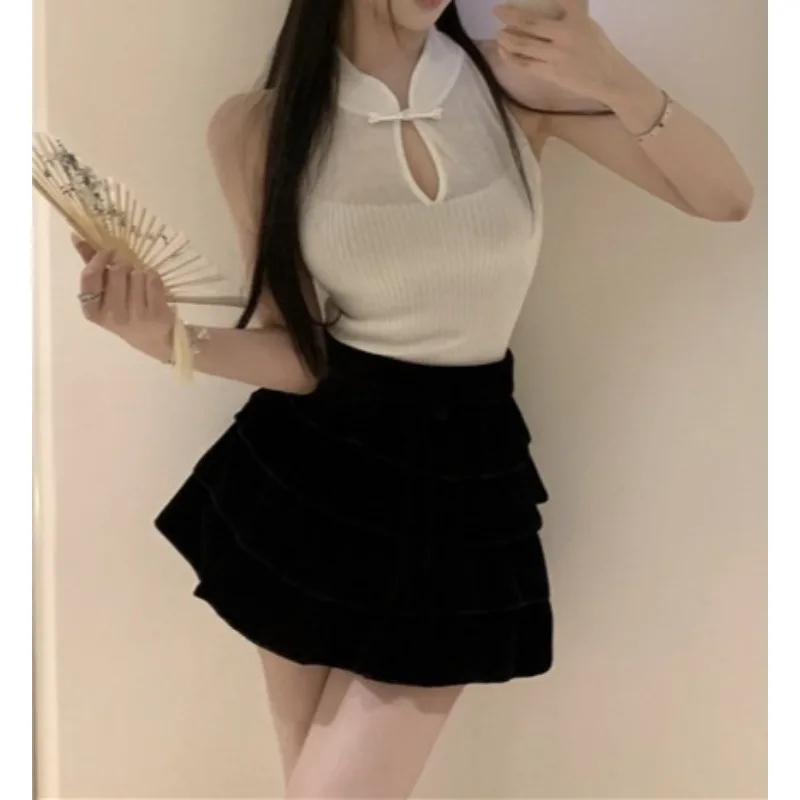 Button Hollow Neck Sleeveless Knitted Vest Women's Summer Spice Girl Slim-fit Inner Top