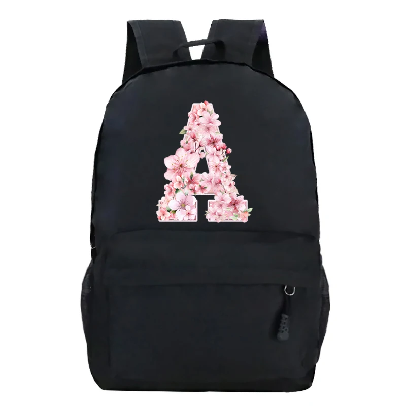 Pink Sakura Alphabet Cute School Bags for Teenage Girls Cherry Blossom Lover Gift Rucksack Women A-Z 26 Alphabet Floral Bagpack