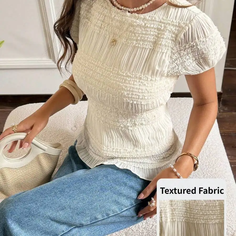 Ladies Crew Neck Textured Lotus Leaf Splicing Fashion Multifunctional Holiday Short Sleeve Lined Bubble Sleeve Lotus Leaf Edge