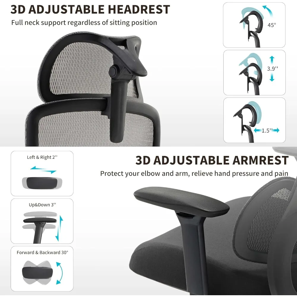 كرسي مكتب شبكي بعجلات، كرسي مريح مع دعم قطني، كرسي مكتب منزلي مع عمق مقعد قابل للتعديل