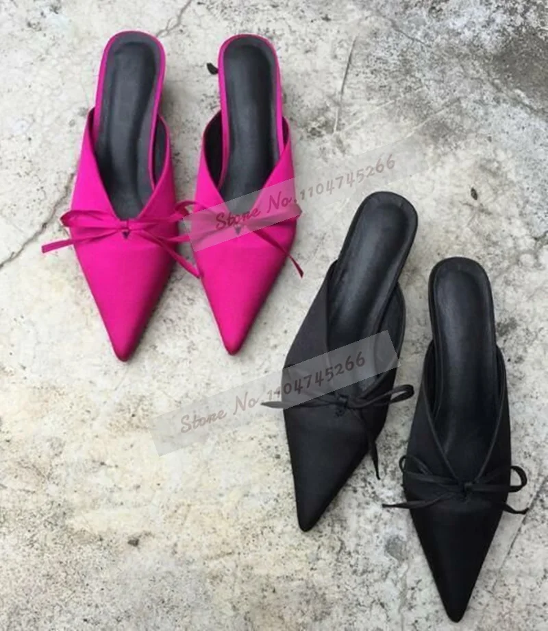 Pink Satin Butterfly-Knot Flat Fashion Mules Pointed Toe Bowtie Slip-On Modern Slippers Shallow Elegant Sandals Beach Shoes