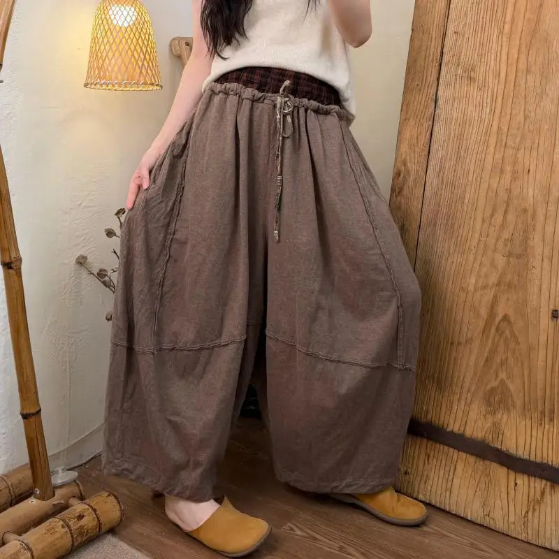 2026 New Spring Summer Arts Style Women Patchwork Elastic Waist Loose Ankle-length Pants All-matched Casual Cotton Harem Pants