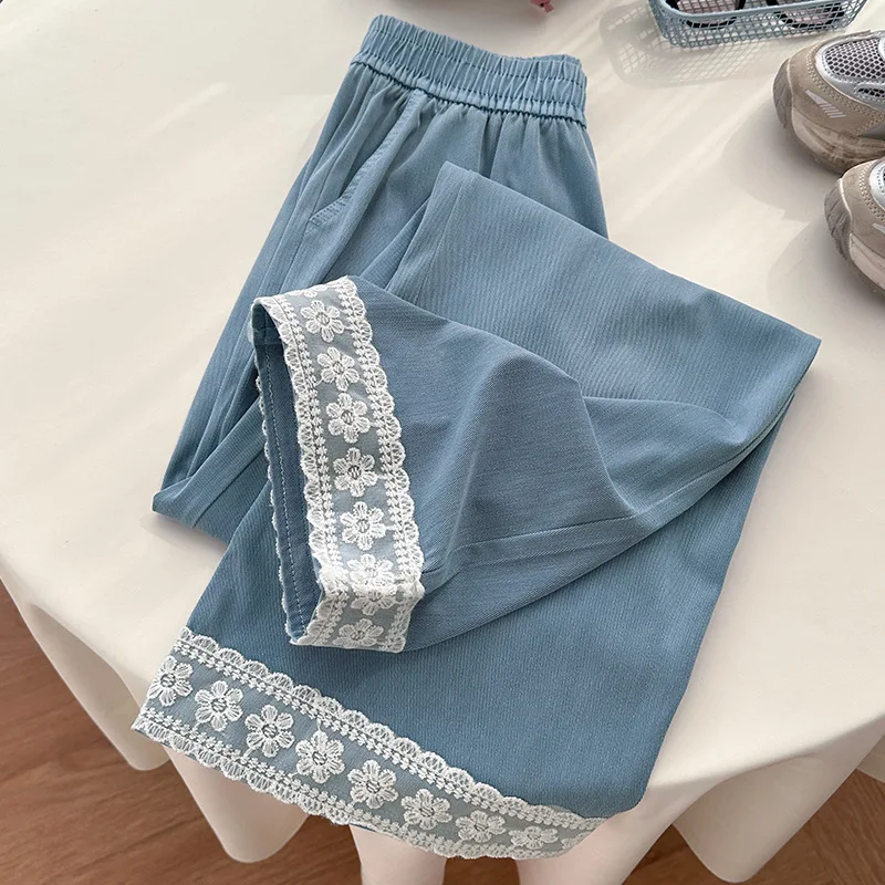 

Women Lace Splice Jeans Spring Summer Elastic High Waist Straight Wide Leg Trousers Leisure Female Thin Denim Pants