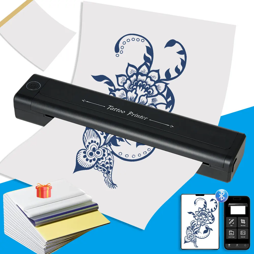 

Portable Wireless Tattoo Printer Wireless Thermal Tattoo Transfer Printer with 10PCS Transfer Papers Compatible with Phone & PC