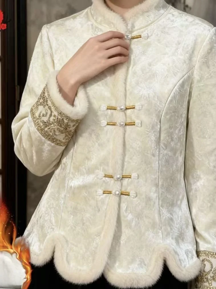 

New Chinese Sle Fce Lined irt Faionable Autumn Winter New Vintage Button Cover Belly irt Women's Slim Fit irt