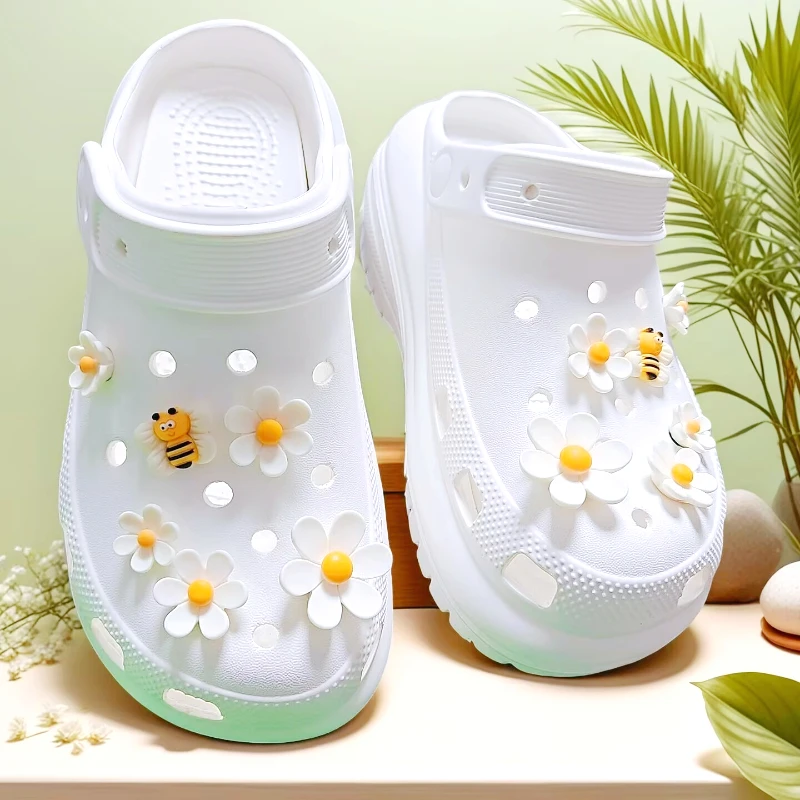 12PCS DIY Hole Shoes Charms for White Daisy Sunflower Combination Designer Quality Garden Shoe Decoration Girl Gift