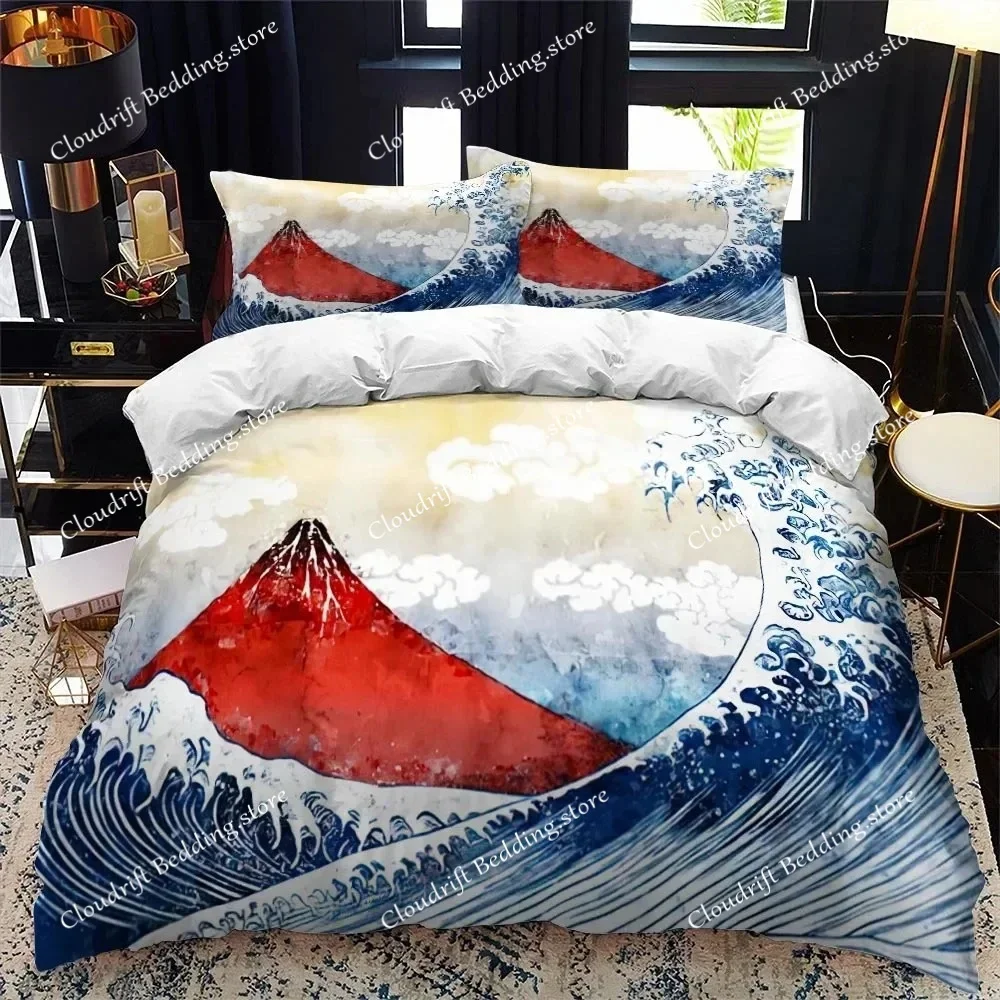 

Japanese-Style Duvet Cover Set King Queen Full Size Ukiyo-e Theme Wave Pattern Polyester Bedding Set Fuji Mountain Exotic Style