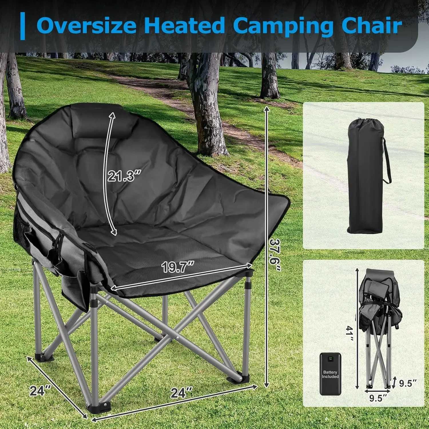 Heated Camping Chair, Oversized Heated Chairs with 20000 mAh Power Bank for Adults 3 Heat Levels, Portable Folding Padd