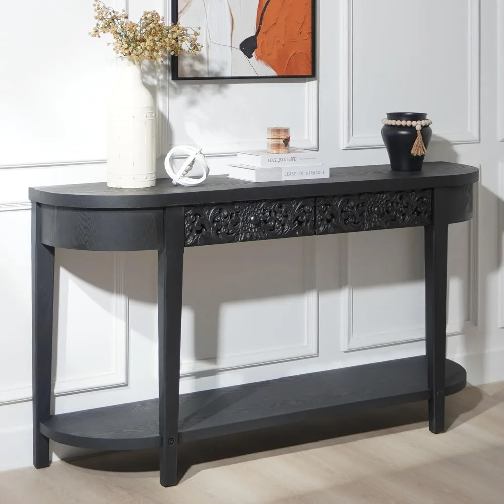 

59.2" Carved Wood Console Table, Modern Minimalist Long Narrow Sofa Table Behind Couch with Lower Storage Shelf and Drawer for H